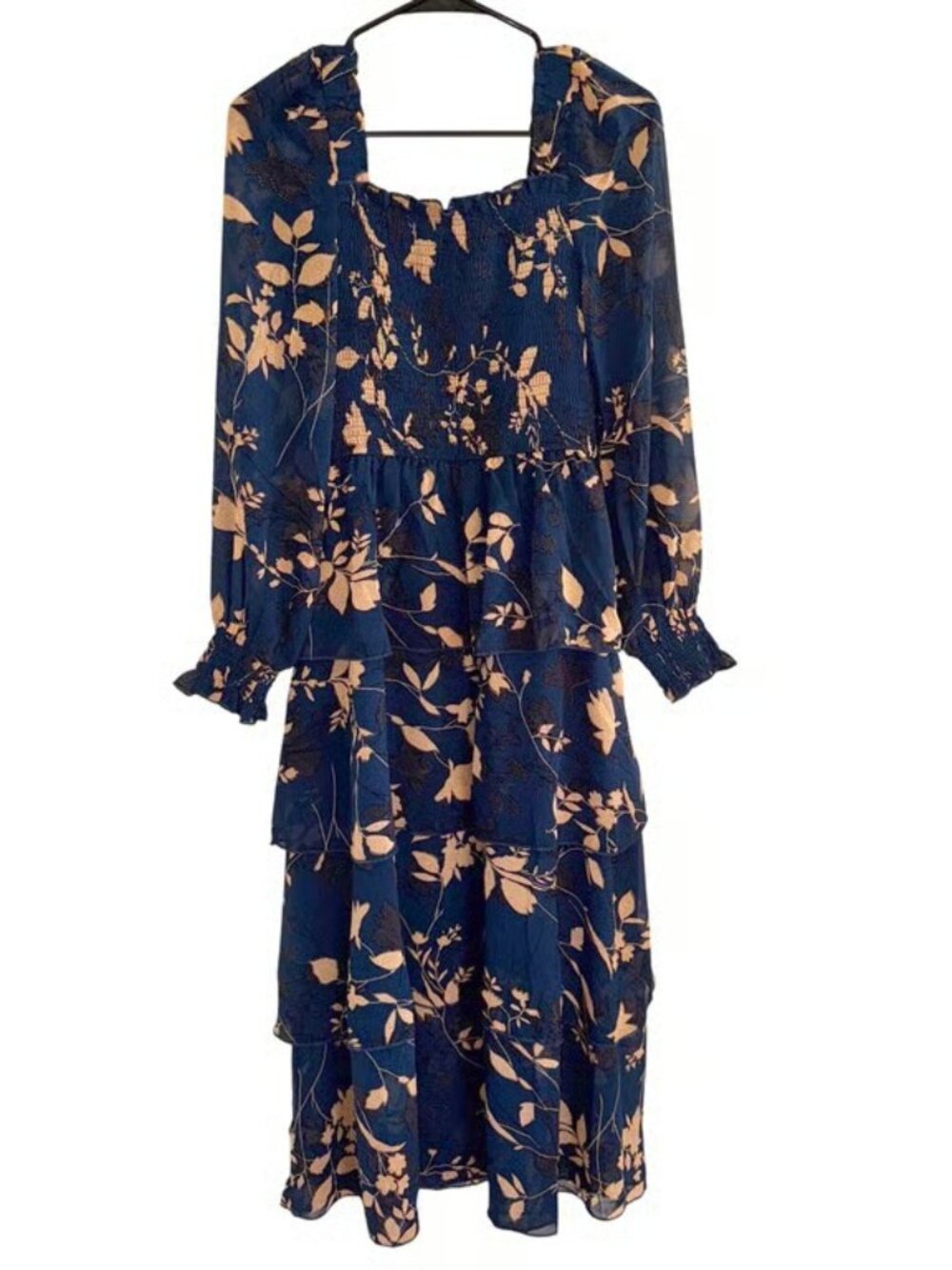 Floral Smocked Tiered Midi Dress Long Sleeve Size S